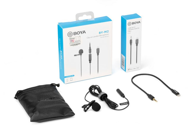 GadgetiCloud BOYA BY-M2 Clip-on Lavalier Microphone for iOS devices iPhone iPad lightning port vlogs presentations recording interview recording audio shooting video application package content