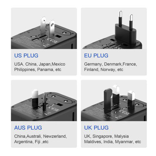 Universal Travel Adapter with 2 Type-A & 2 Type-C international plugs
