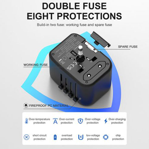 Universal Travel Adapter with 2 Type-A & 2 Type-C safety