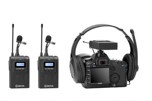 BOYA BY-WM8 PRO UHF Dual-Channel Wireless Microphone System LCD display PLL-synthesized tuning capturing audio with dual subjects filming interview application with camera headphone output jacks