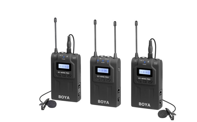 BOYA BY-WM8 PRO UHF Dual-Channel Wireless Microphone System LCD display PLL-synthesized tuning capturing audio with dual subjects filming interview overall design