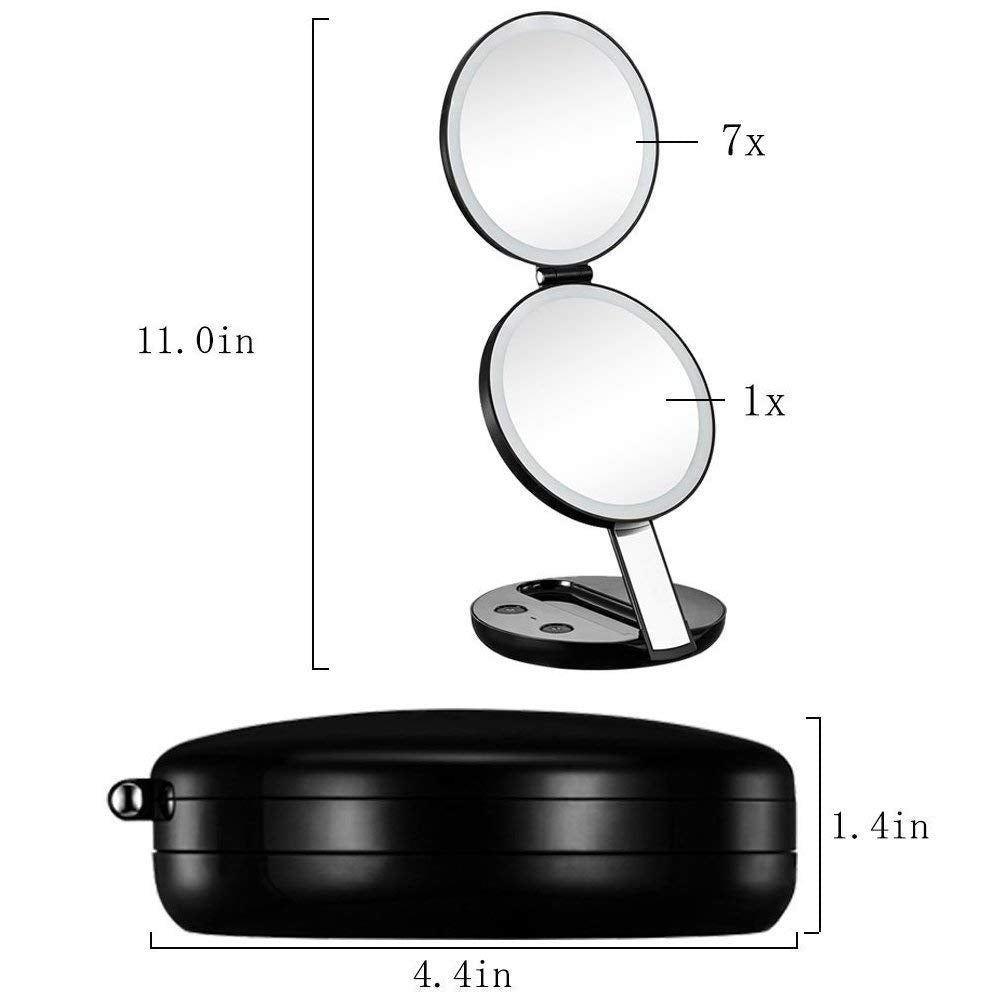 LED Lighted 3-fold Travel Compact Makeup Mirror - 1X/7X Magnification USB Powered - GadgetiCloud