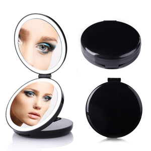 LED Lighted 3-fold Travel Compact Makeup Mirror - 1X/7X Magnification USB Powered - GadgetiCloud